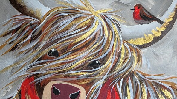 Highland Cow and Robin Paint & Prosecco at Mays Cafe, Burnham on Sea