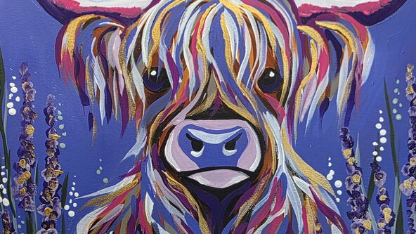 Lavender Highland Cow Paint Event at Wellington School. 