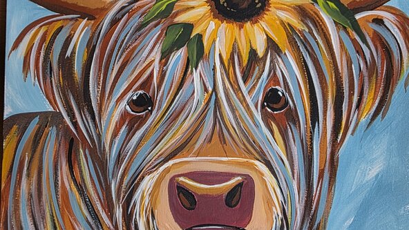 Paint Event at Eleos Cafe, Chard, Sunflower Highland Cow