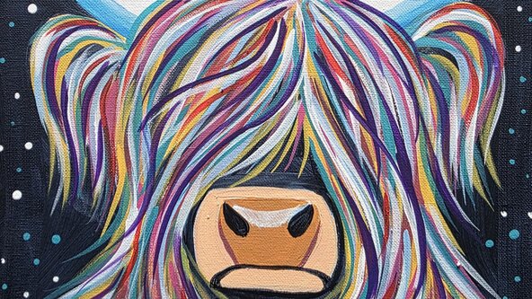 Paint & Prosecco, rainbow highland cow, at Chard Cricket Club