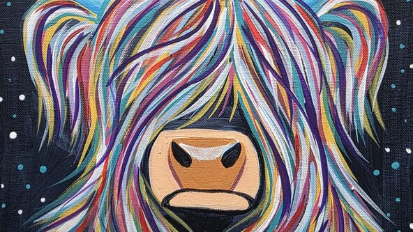 Paint & Prosecco Rainbow Highland Cow at the Library, Taunton