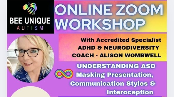 🐝 ***ONLINE ZOOM WORKSHOP*** 🌈 EXCLUSIVE BEE UNIQUE WORKSHOP 🖊- UNDERSTANDING ASD Masking Presentation, Communication Styles & Interoception with Accredited Specialist 'Alison Wombwell' - ADHD and NEURODIVERSITY Coach ⛔️ NON REFUNDABLE EVENT ⛔️