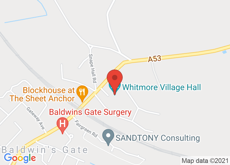 Map showing location of Whitmore Village Hall
