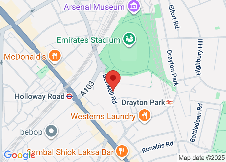 Map showing location of Arsenal Hub (adjacent to Emirates Stadium)