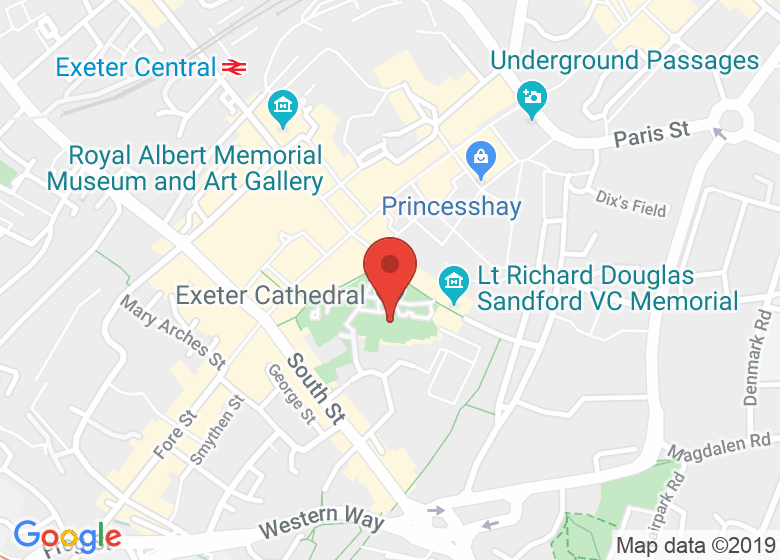 Map showing location of Exeter Cathedral