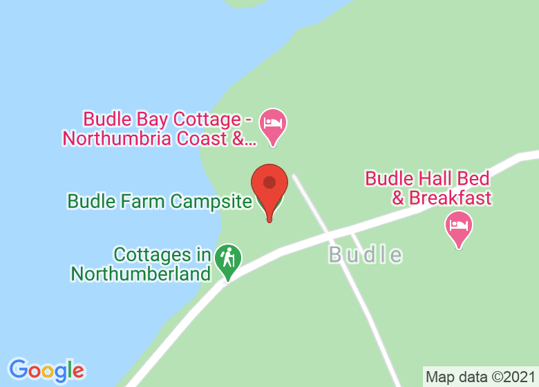 Map showing location of Budle Farm Campsite