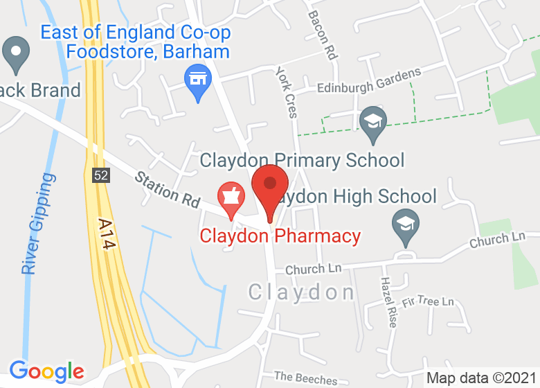 Map showing location of Claydon and Barham Village Hall