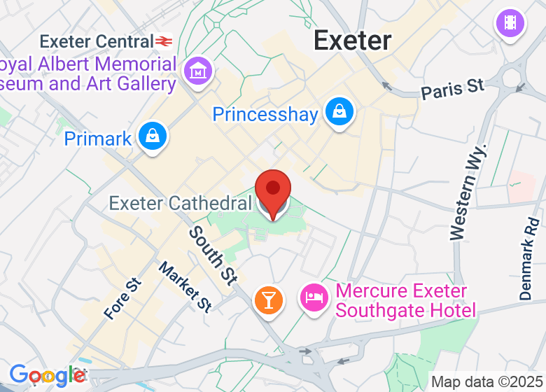 Map showing location of Exeter Cathedral