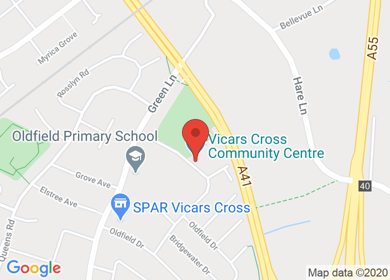 Map showing location of Vicars Cross Community Centre