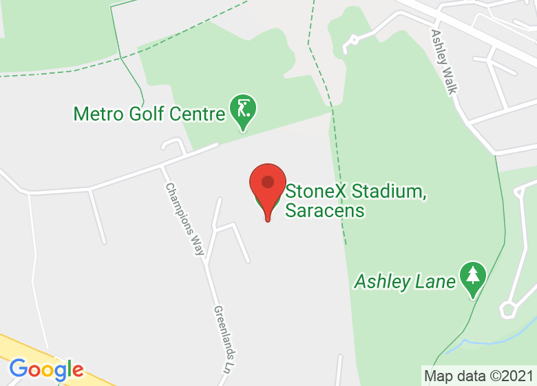 Map showing location of StoneX Stadium, Saracens